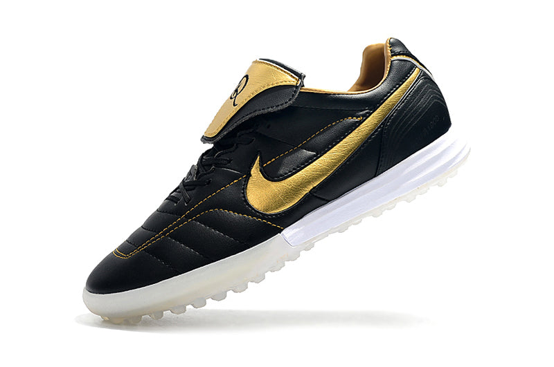 Chuteira Society Nike Retrô Tiempo Legend 7 Elite TF Preto e Dourado R10