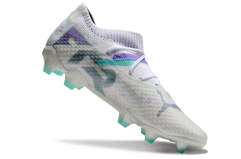 Chuteira Campo Puma Future 7 FG Branca, Verde e Roxo "Brilliance Pack"