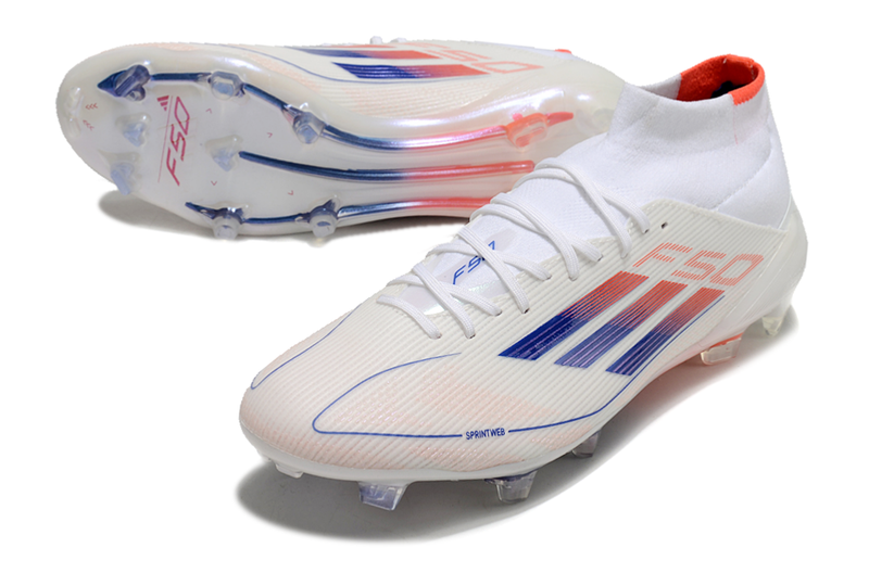 Botes de futbol Adidas F50 Mid Top FG blanc, blau i taronja "Advancement Pack" 