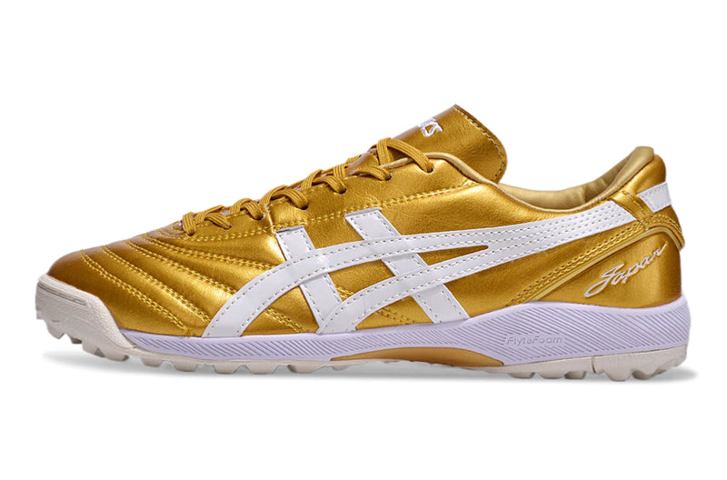 Chuteira Society Asics Japan TF Dourada e Branco