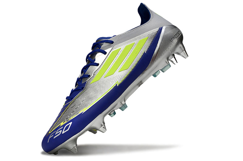 Chuteira Campo Adidas F50 Ponta de Aluminio Prata, Azul e Verde
