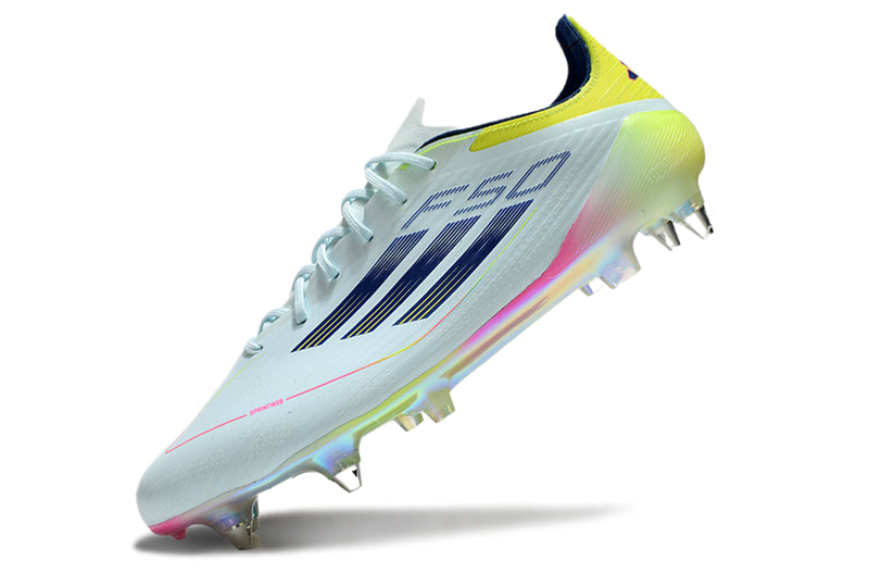 Chuteira Campo Adidas F50 Ponta de Aluminio Azul, Rosa e Amarelo "Olympic Boot Pack"