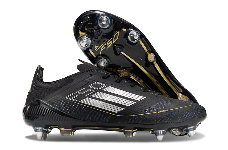 Chuteira Campo Adidas F50 Ponta de Aluminio Preta e Dourada "Dark Spark Pack"