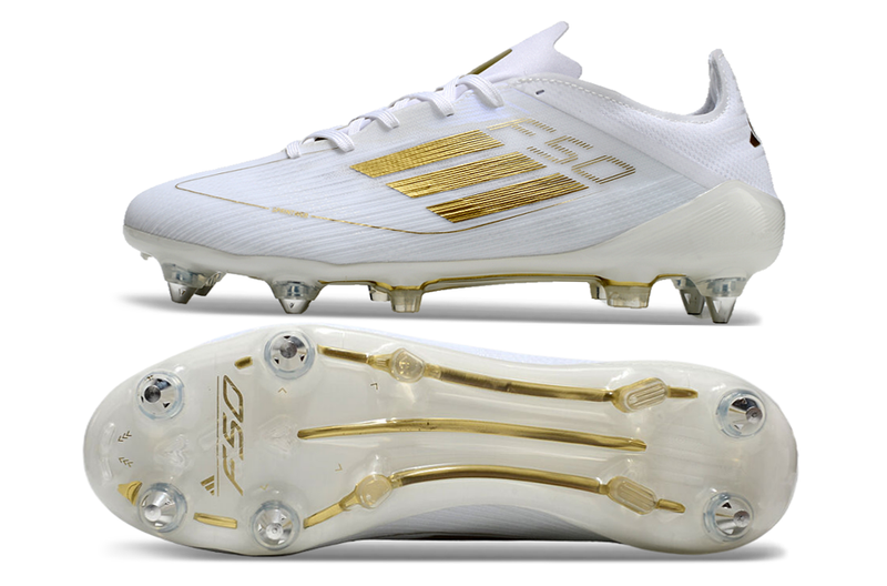 Bota de futbol Adidas F50 en blanc i daurat amb punta d'alumini "Day Spark"