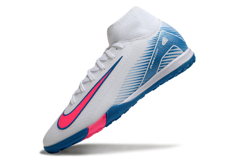 Chuteira Society Nike Air Zoom Mercurial Superfly 10 Elite TF Branca, Azul e Rosa