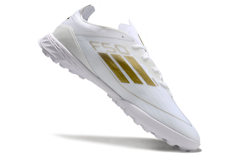 Chuteira Society Adidas F50 TF Branca e Dourado "Day Spark Pack"