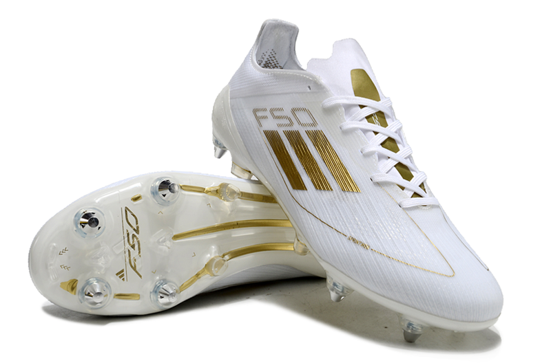 Bota de futbol Adidas F50 en blanc i daurat amb punta d'alumini "Day Spark"