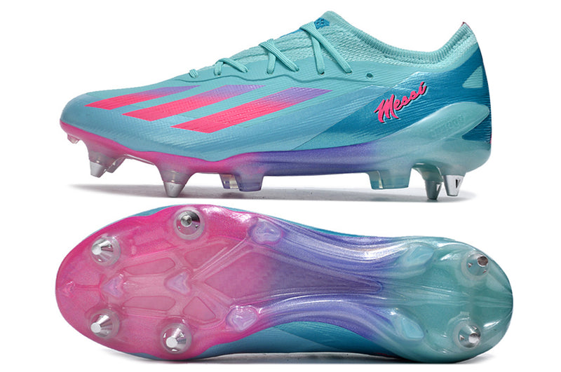 Bota de futbol Adidas X Crazyfast Messi.1 amb punta d'alumini blau i rosa "Miami Vice"