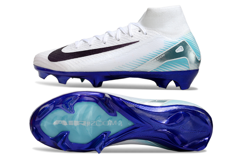 Chuteira Campo Nike Air Zoom Mercurial Superfly 10 Elite FG Branca e Azul