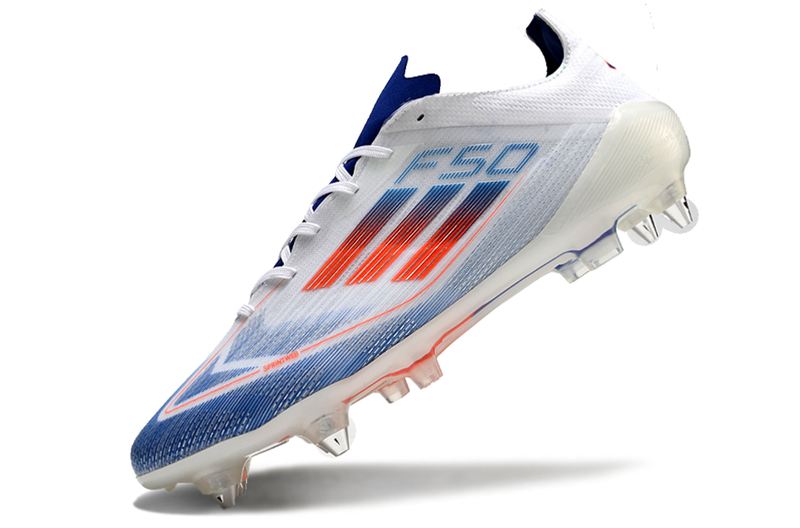 Bota de futbol Adidas F50 Aluminum Toe Blanc, Blau i Vermell "Advancement Pack" 