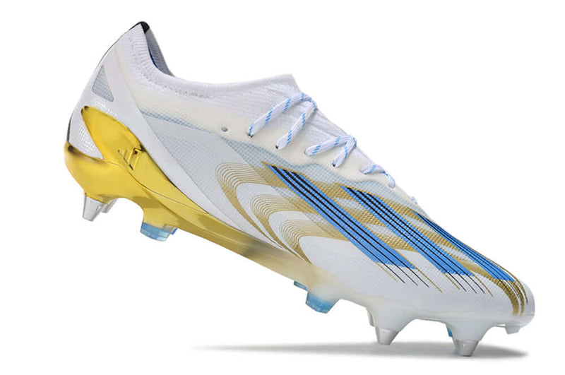 Bota de futbol Adidas X CrazyFast Messi.1 Aluminum Toe Blanc, Blau i Daurat "Las Estrelles"