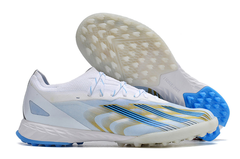 Botes de futbol Adidas X CrazyFast.1 TF blanc, blau i daurat "Las Estrellas"