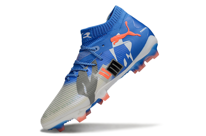Chuteira Campo Puma Future 8 FG Cinza e Azul "Forever"