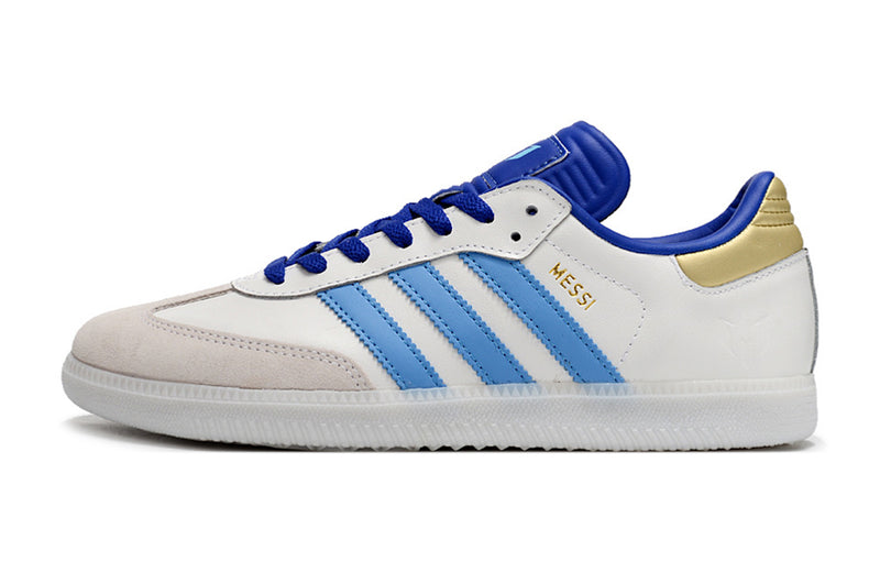 Chuteira Futsal Adidas Lionel Messi x Samba IC Branco, Azul e Dourado