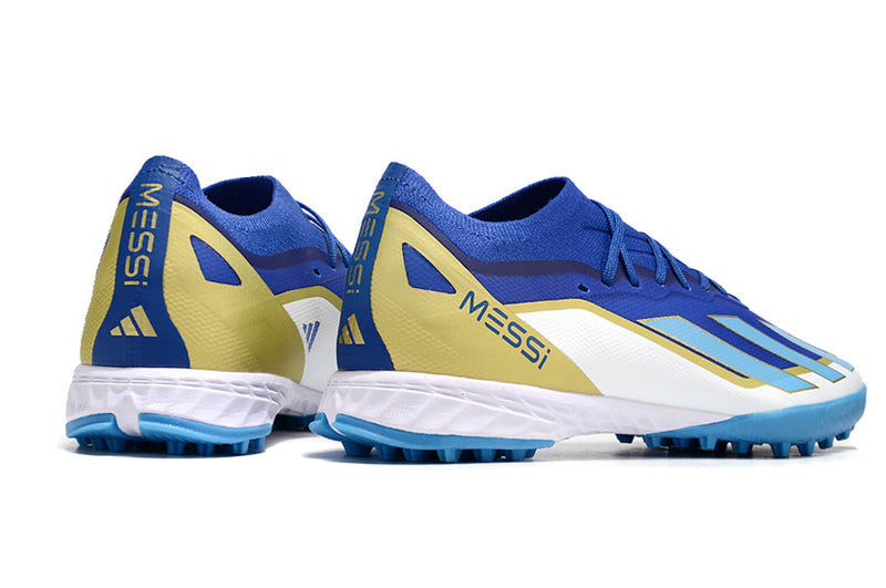 Botes de futbol de la Societat Adidas X Crazrfast Messi .1 TF Blau, Blanc i Or "Spark Gen10s"