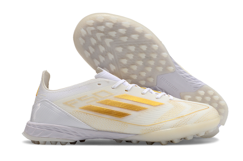 Chuteira Society Adidas F50 TF Branca e Dourada "Day Spark Pack"