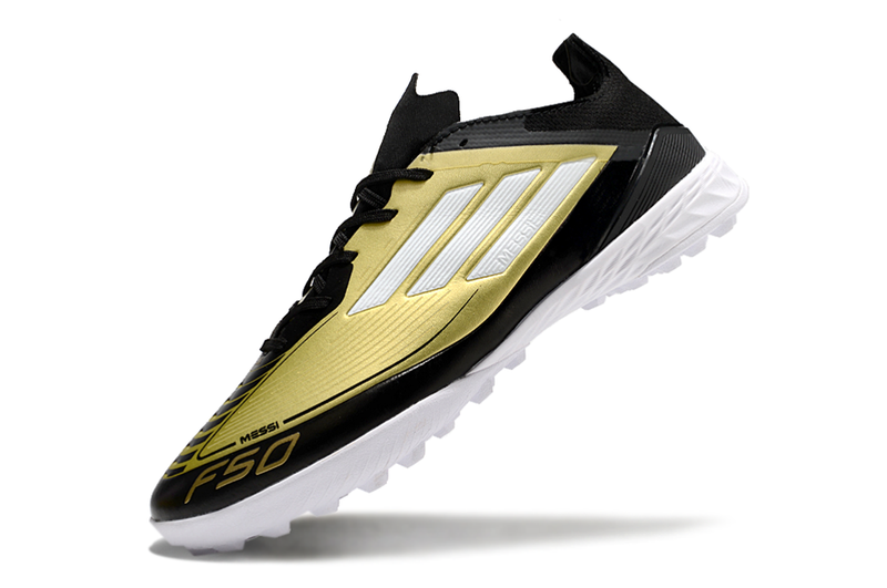 Chuteira Society Adidas F50 Messi TF Preto e Dourado "Triunfo Dorado Pack"