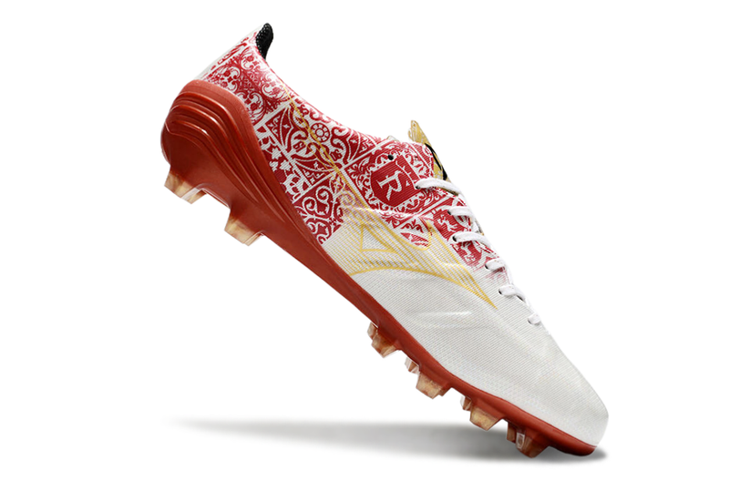 Chuteira Campo Mizuno Alpha FG Branca, Vermelho e Dourado "Signature Pack"