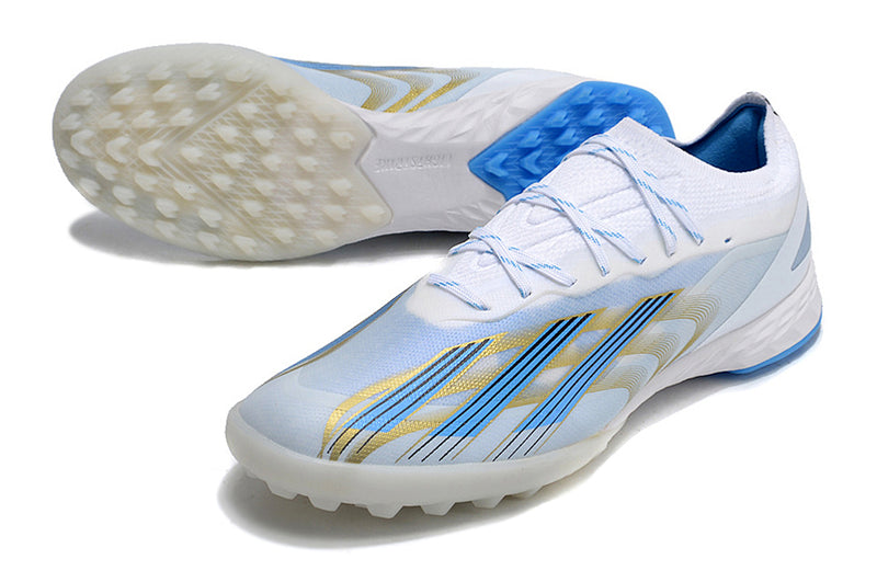 Botes de futbol Adidas X CrazyFast.1 TF blanc, blau i daurat "Las Estrellas"