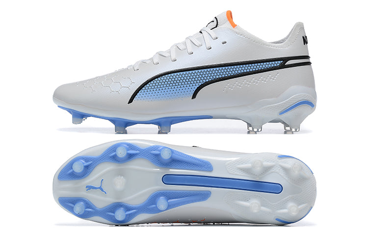 Chuteira Campo Puma King Ultimate FG Branca e Azul "Supercharge Pack"