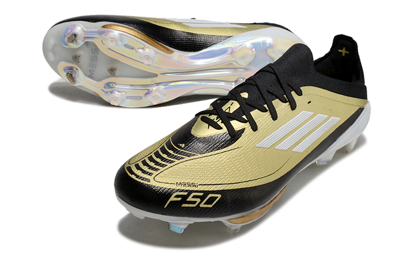 Botes de futbol Adidas F50+ FG Messi daurades i negres "Triunfo Dorado Pack" 