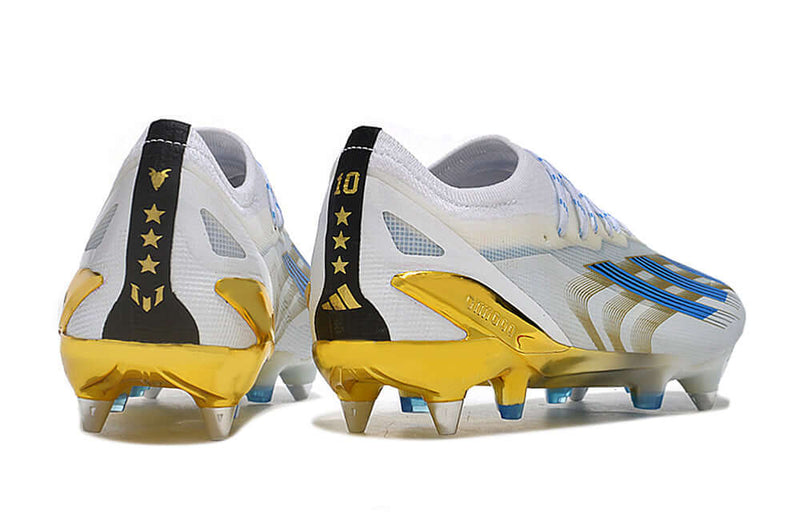 Bota de futbol Adidas X CrazyFast Messi.1 Aluminum Toe Blanc, Blau i Daurat "Las Estrelles"