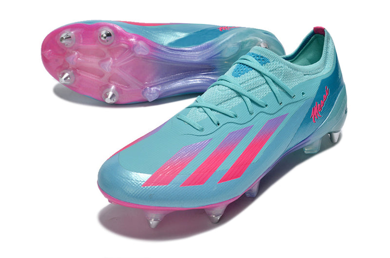 Bota de futbol Adidas X Crazyfast Messi.1 amb punta d'alumini blau i rosa "Miami Vice"