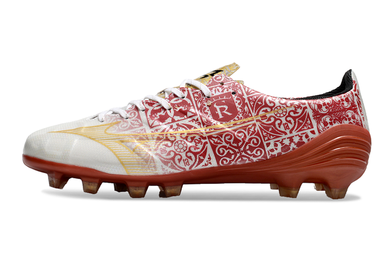 Chuteira Campo Mizuno Alpha FG Branca, Vermelho e Dourado "Signature Pack"