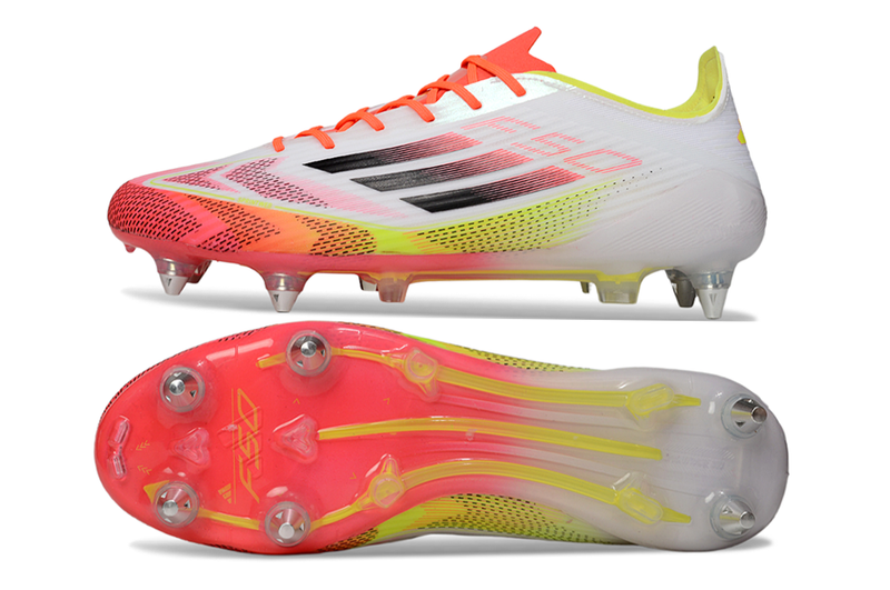 Chuteira Campo Adidas F50 Ponta de Aluminio Branca, Laranja e Amarelo