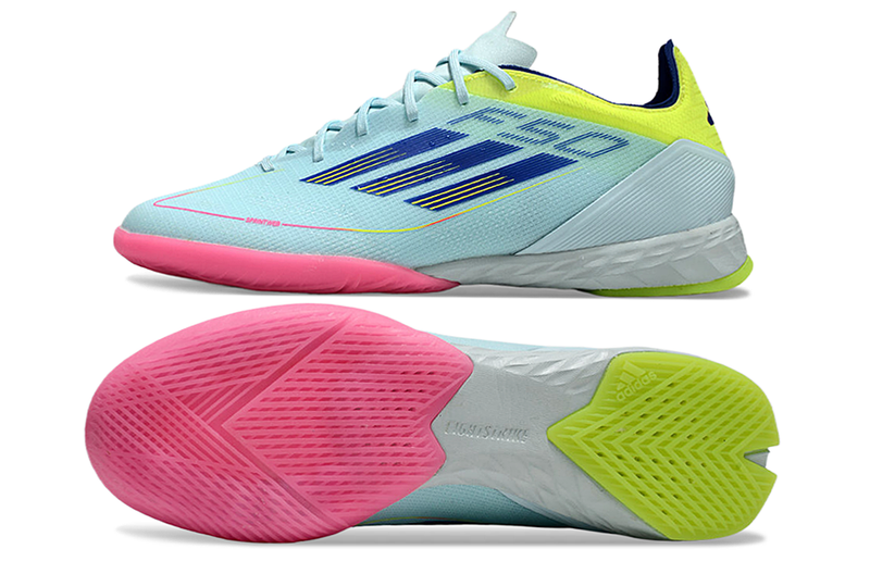 Chuteira Futsal Adidas F50 IC Azul, Rosa e Amarelo "Re-Emergence Pack"