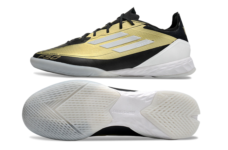 Chuteira Futsal Adidas F50 IC Dourada e Preta "Triunfo Dorado Pack"