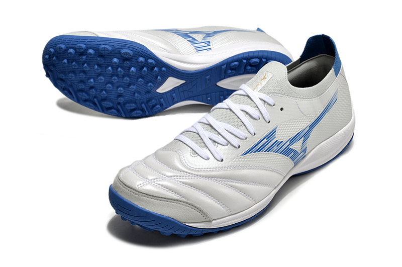 Chuteira Society Mizuno Morelia Neo Sala TF Branca e Azul "Mugen Pack"