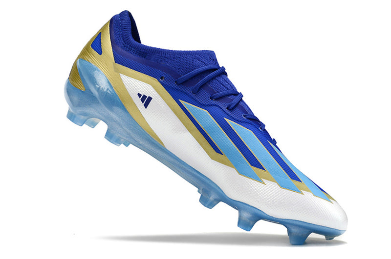 Botes de futbol Adidas X Crazyfast Messi+ FG blau, blanc i daurat "Spark Gen10s"