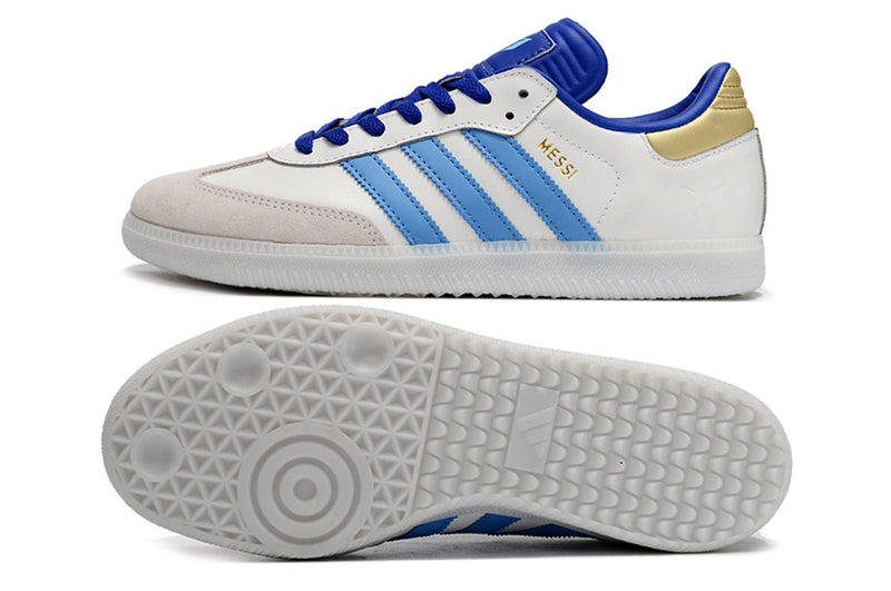 Chuteira Futsal Adidas Lionel Messi x Samba IC Branco, Azul e Dourado