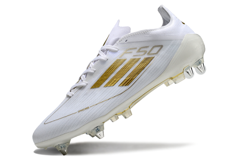 Chuteira Campo Adidas F50 Ponta de Aluminio Branca e Dourada "Day Spark"