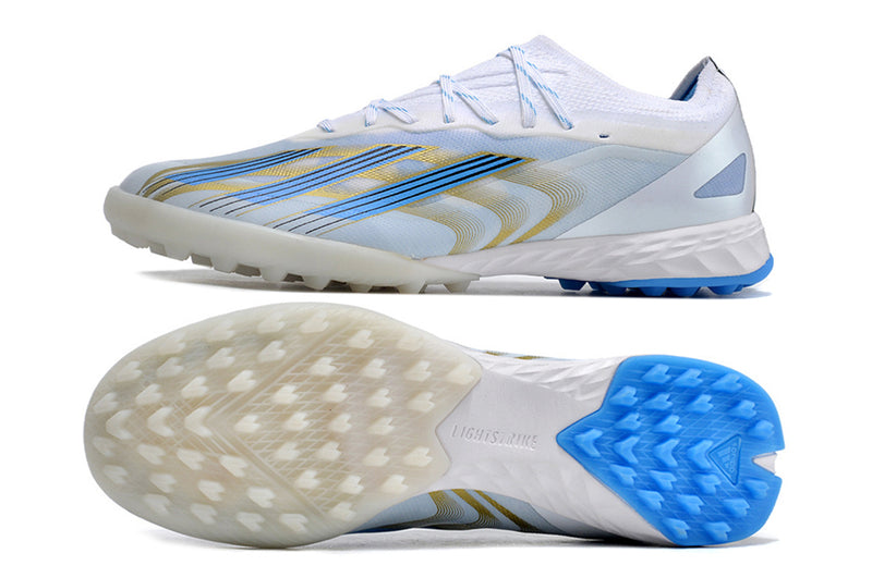 Botes de futbol Adidas X CrazyFast.1 TF blanc, blau i daurat "Las Estrellas"