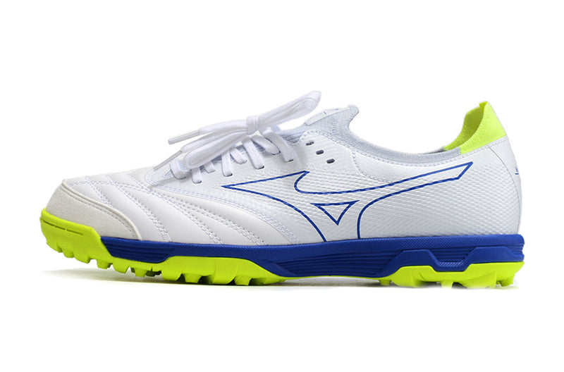 Chuteira Society Mizuno Morelia Neo Beta TF Branca Azul e Verde Farda