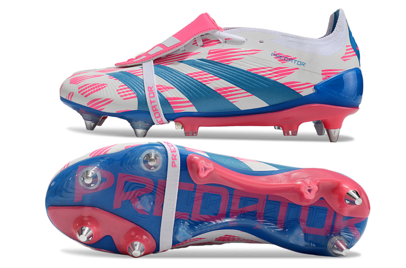 Chuteira Campo Adidas Predator Elite FT 30 Ponta de Aluminio Branca, Azul e Rosa "Reemergence Pack"