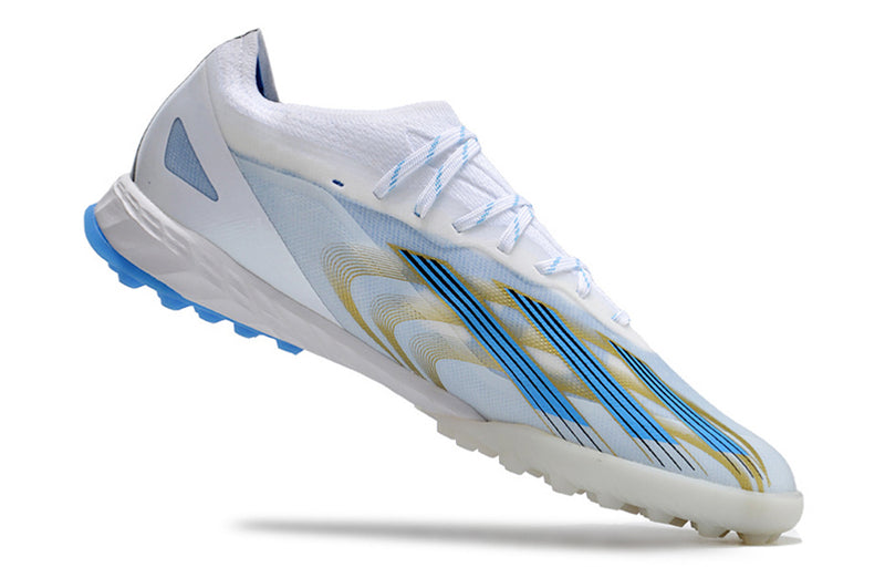 Botes de futbol Adidas X CrazyFast.1 TF blanc, blau i daurat "Las Estrellas"