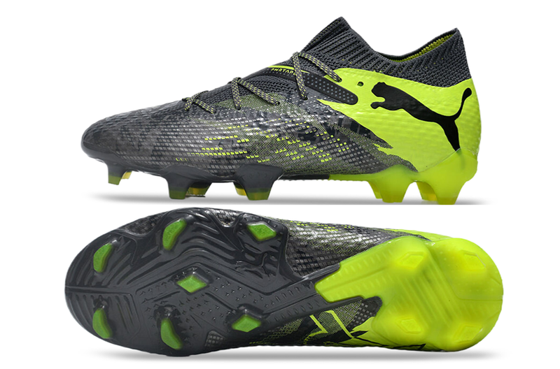 Chuteira Campo Puma Future 7 FG Cinza e Verde "Rush Pack"