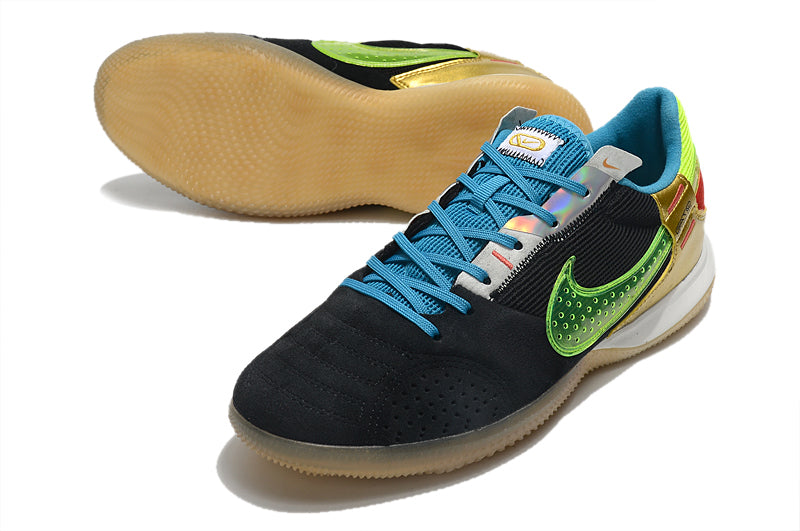 Chuteira Futsal Nike StreetGato IC Preta, Azul, Verde e Dourada