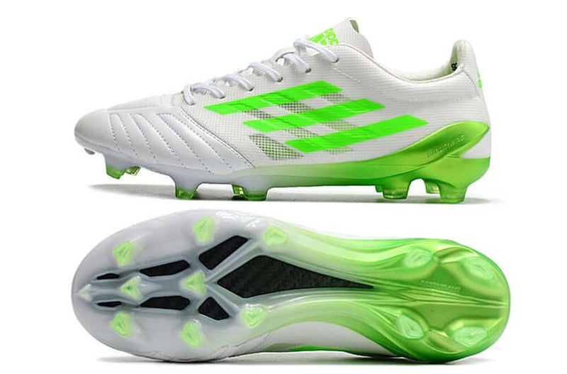 Velocidade é com Adidas X Speedportal 99 Leather.1 FG Branca e Verde na Farda de Boleiro, Garanta a qualidade de Jogadores Profissionais Elite e se divirta!