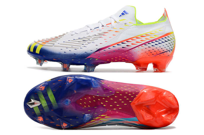 A nova Chuteira da Adidas de Campo Predator Edge.1 FG Branca e Colorida "Al Rihla Pack" na Farda de Boleiro, Garanta a qualidade de Jogadores Profissionais