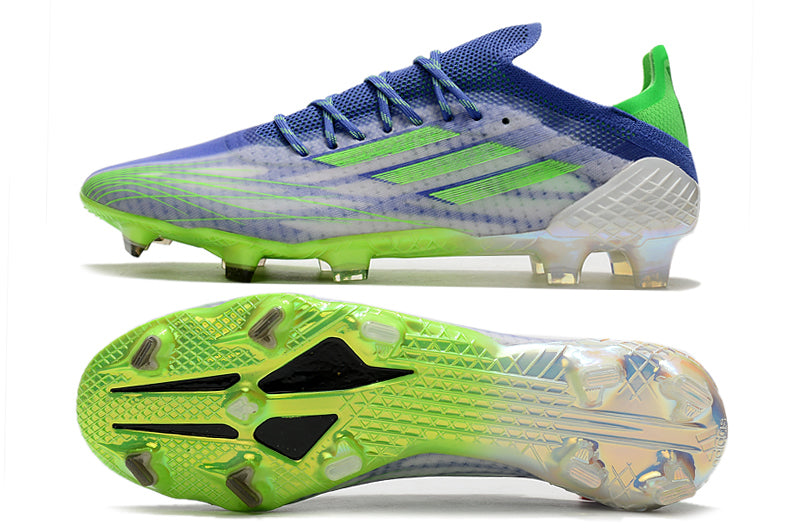 Velocidade é com Adidas X Speedflow+ FG Azul e Verde "Special Adizero Prime" na Farda de Boleiro, Garanta a qualidade de Jogadores Profissionais Elite