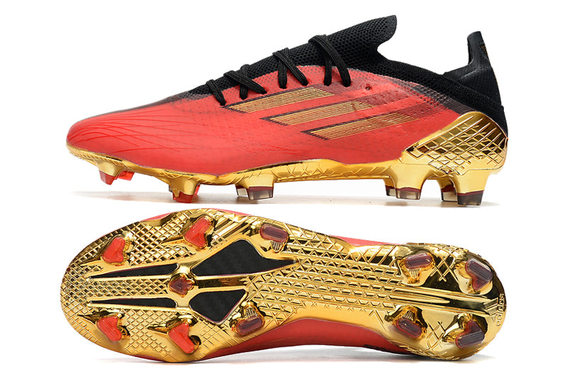 Velocidade é com Adidas X Speedflow.1 FG Vermelho e Dourado "Showdown Pack" na Farda de Boleiro, Garanta a qualidade de Jogadores Profissional Elite